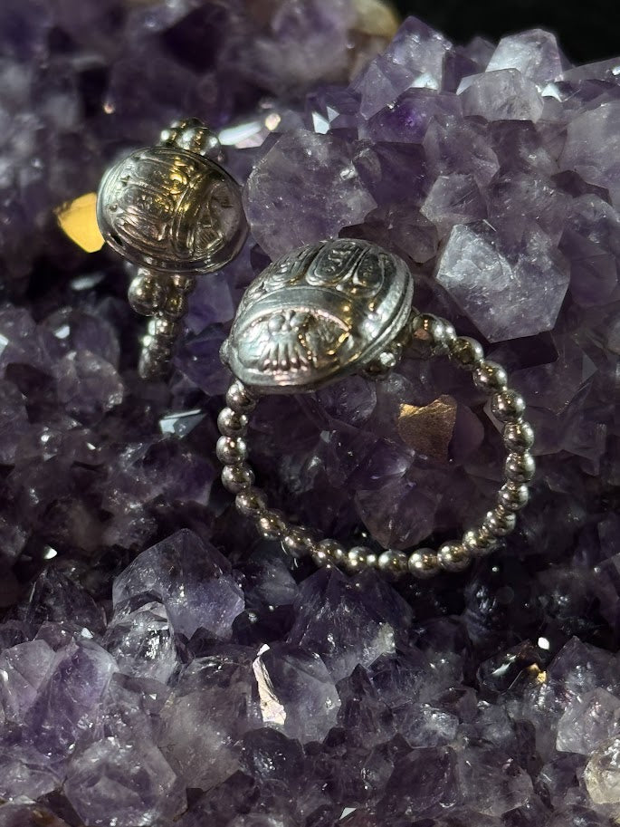Scarab Signet Bead Rings -- Solid Silver