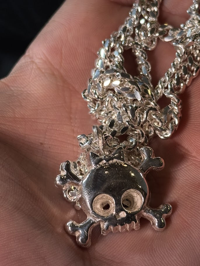 Cat Skull & Bones Pendant -- Solid Silver