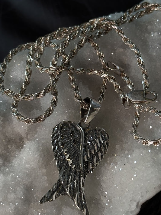 "Fallen Grace" – Blackened Silver Angel Wing Pendant
