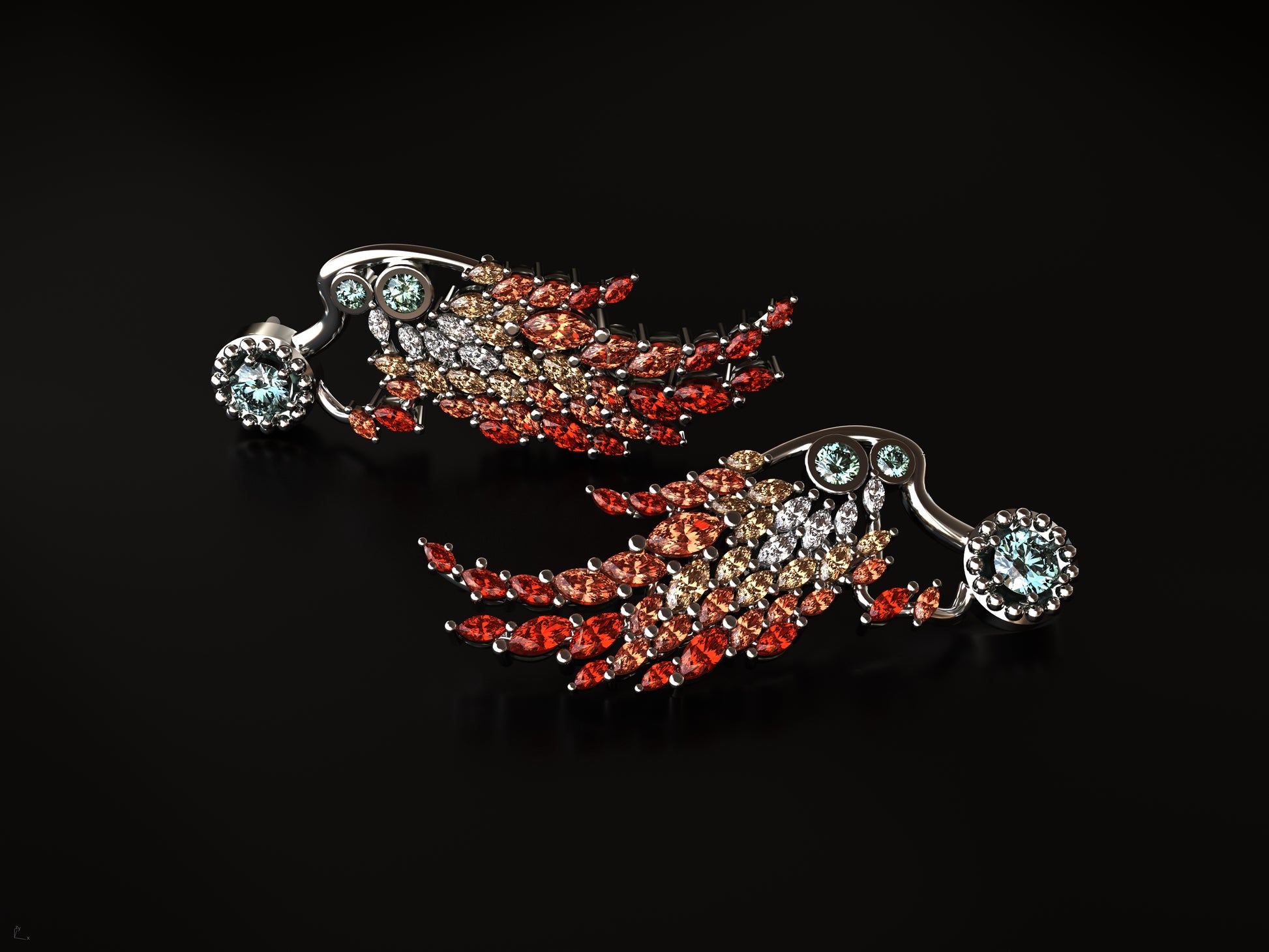 Introducing our Seraph earrings, a stunning part of our Seraph Collection. These earrings are encrusted with a variety of gemstones, including ruby, orange sapphire, aquamarine, and yellow and white diamonds, all in an elegant 18k white gold setting. Inspired by the celestial beauty and grace of angelic wings, these earrings radiate sophistication and class.   