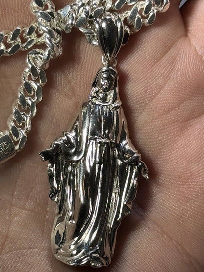 Sterling silver Virgin Mary Pendant on a Miami Cuban chain · Lukali & Co