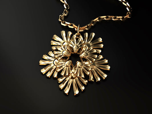 Skillfully crafted from solid 18k yellow gold, our Deco Radiant pendant is an homage to timeless elegance and craftsmanship. Plumes of gold radiate from the center of the piece in an Art Deco-inspired motif, making it a dazzling and eye-catching statement piece.  Chain not included - pair with one from our store to personalize your look.